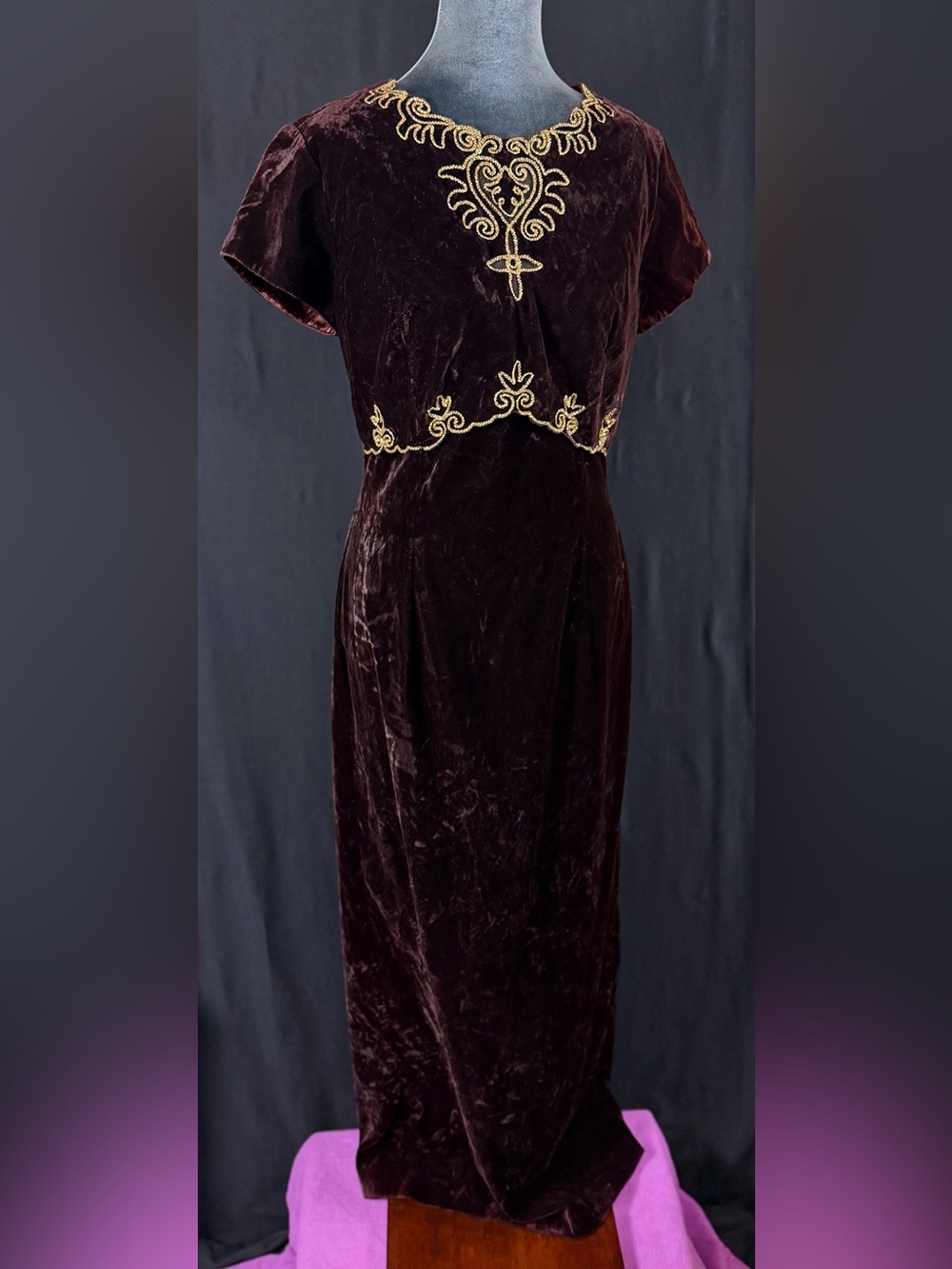 Scott McClintock Gown Dark Burgundy Velvet Gold Embroidery Renaissance Victorian